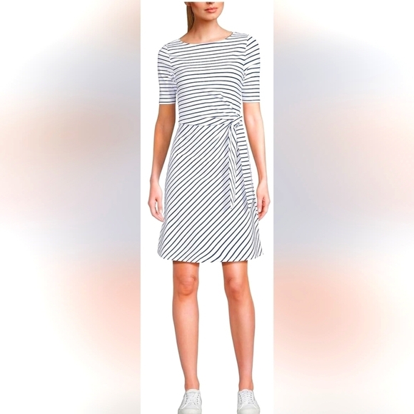 NWOT Lands End Womens Elbow Sleeve Tie Waist Striped Mini BLUE/WHITE MED 10-12 - Picture 1 of 8